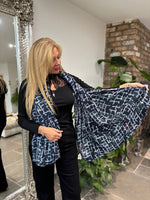 Navy Block Print Raw Edge Scarf